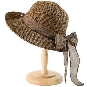 Sun Hat Summer Women Straw Big Brim Bowknot Brown